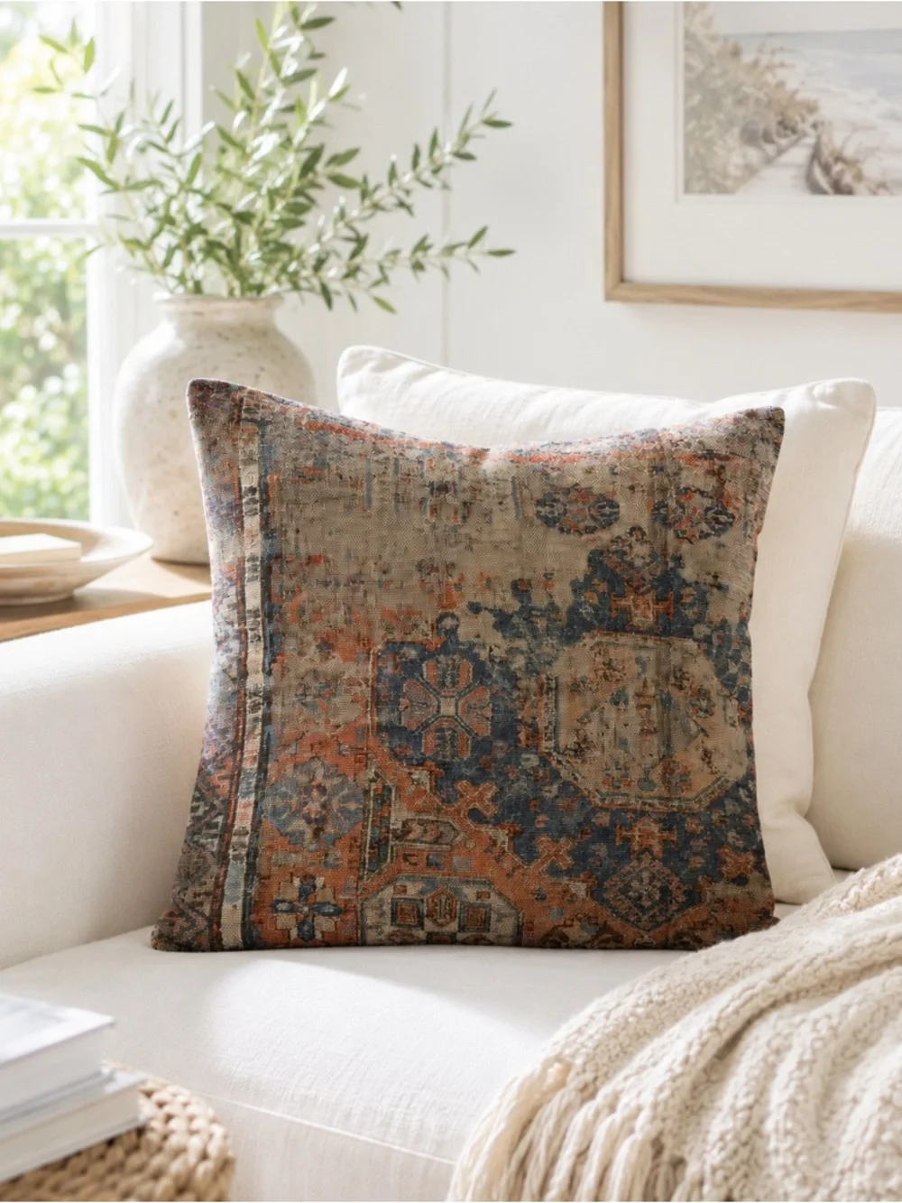 Pottery Barn Navin Tapestry Pillow Cover 22x22 Vintage Inspired Linen Blend